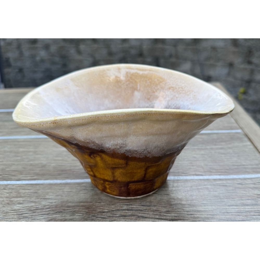 Vintage California Pottery FC29 USA Brown Cream Drip Glaze Textured Bowl MCM